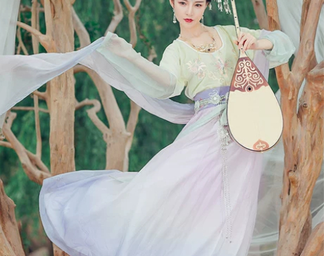 ?都城南庄原创齐腰袒领襦裙绣花半臂印花渐变...