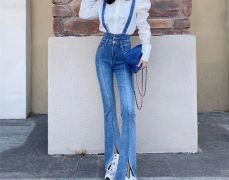 高腰微喇叭牛仔裤女2022春新款修身显瘦直...