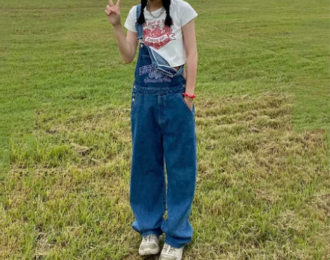 美式复古刺绣字母牛仔背带裤女ins欧美街头...