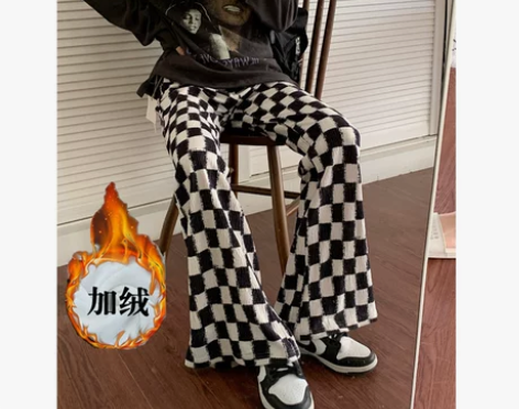 加绒加厚棋盘格微喇裤女秋冬设计感灯芯绒高腰...