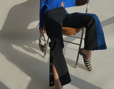 2021春季新款欧美复古个性拼色裤脚开叉牛...