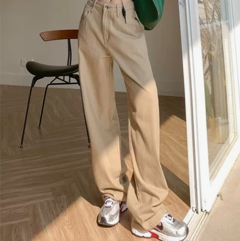 高腰卡其色阔腿牛仔裤女秋季2022年新款宽...
