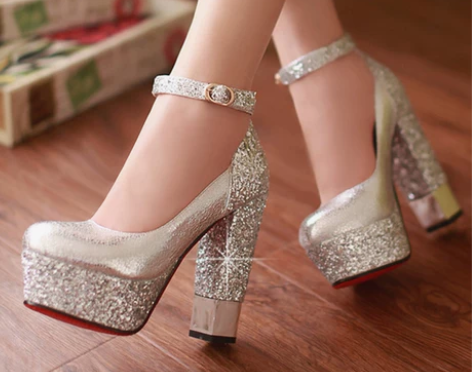 亮片金色新娘鞋银色伴娘婚鞋女厚底防水台超高...