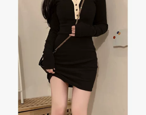 辣妹polo领连衣裙女秋冬季新款修身长袖设...