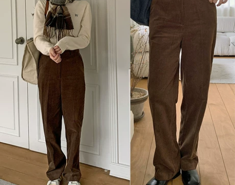 韩国代购 高腰直筒 显腿长 灯芯绒休闲裤...