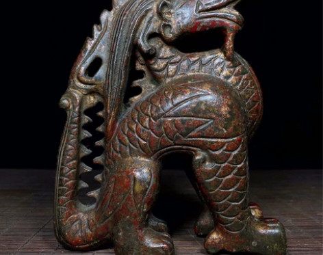 旧藏纯铜泥金古龙神兽摆件 纯铜龙 泥金老铜...