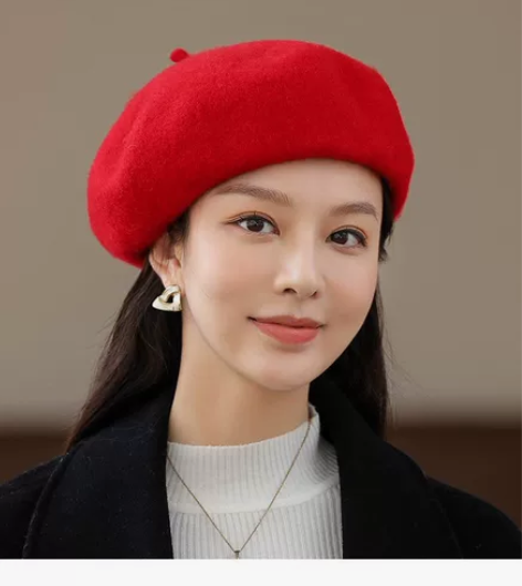 羊毛贝雷帽女大红色 加厚毛呢蓓蕾帽英伦时尚...