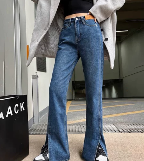 阔腿牛仔裤女夏季高腰显瘦复古开叉喇叭裤宽松...