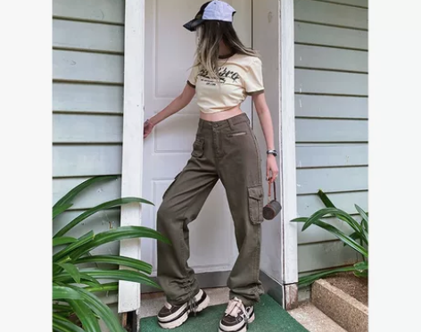 BeerBro美式复古高腰直筒休闲裤女春欧...