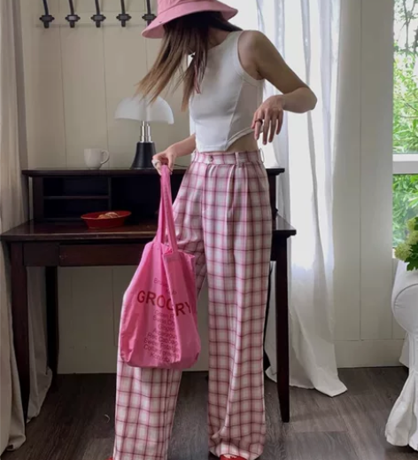 AYQIAN艾媛 复古出逃 宽松直筒粉色格...