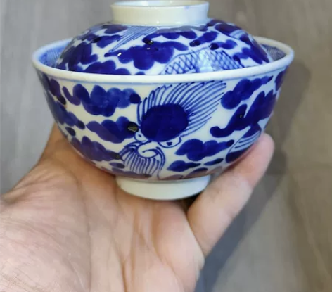 日本明治时期柴烧老青花盖碗,品相完好,百年...