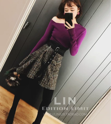 LINCHAOZHANG群子羊毛呢A字裙不...