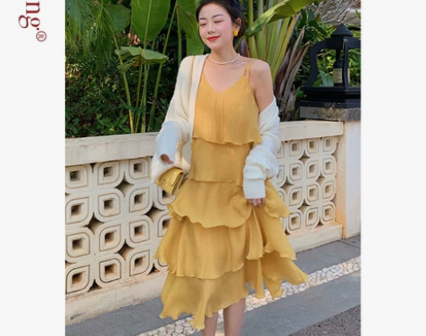 许大晴 复古甜美V领蛋糕裙连衣裙女春季网纱...