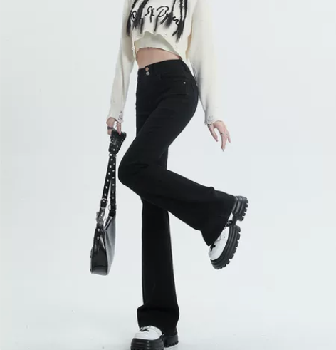 REDR黑色高腰微喇叭牛仔裤女显瘦2022...