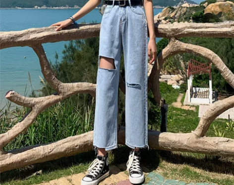破洞牛仔裤女夏季薄款2022宽松直筒高腰显...