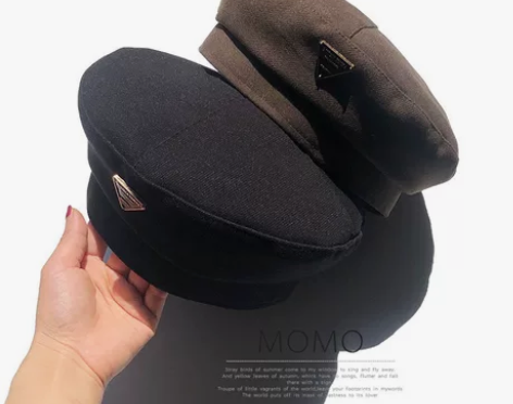 毛呢时尚三角标贝雷帽 复古黑色蓓蕾帽 四季...