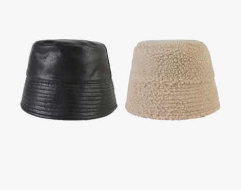 邪恶先生盆帽羊羔毛PU皮两面戴直筒渔夫帽子...