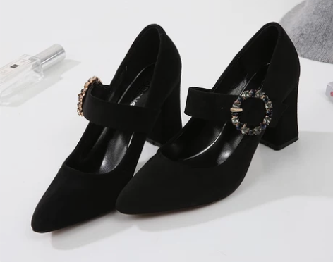 磨砂皮单鞋女玛丽珍鞋一字扣粗跟法式小高跟鞋...