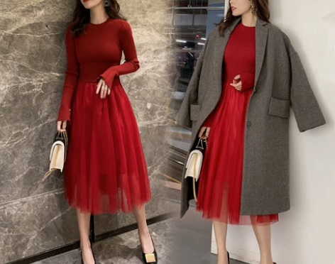 春季很仙的法国小众女法式复古红色针织拼接网...