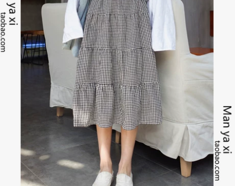 2021春秋新款韩版复古百搭松紧高腰大摆裙...