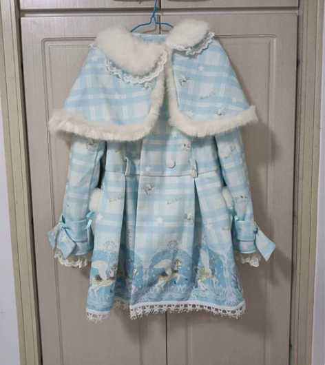 糖果雨冬季日系甜美改良长袖毛呢外套有披肩中款蓝色连衣裙洛丽塔...