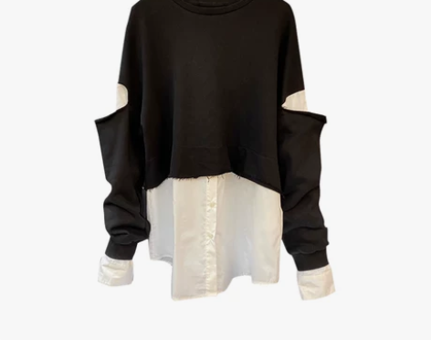 设计感上衣时尚港风卫衣女假两件韩版黑白拼色...