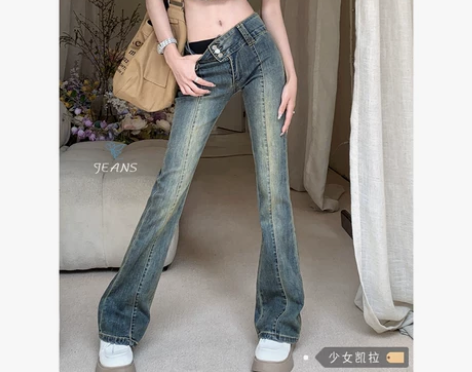 港风复古微喇叭牛仔裤女装夏季新款美式显瘦拖...