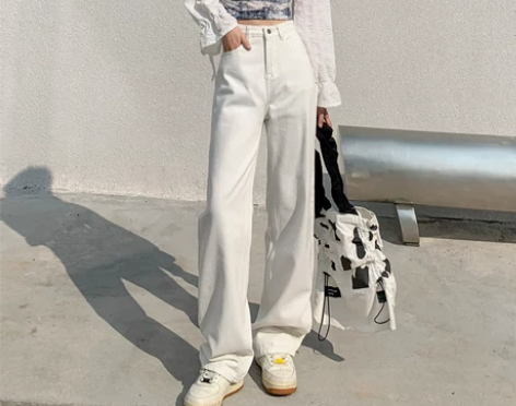 白色高腰阔腿牛仔裤女秋季2022年新款宽松...