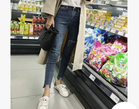 2018秋冬显瘦长裤高腰加绒牛仔裤女九分破...