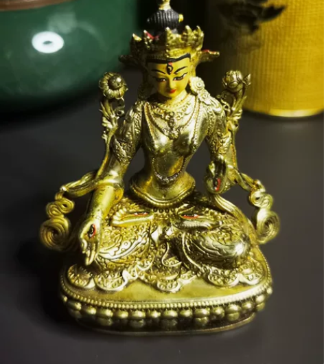 藏传 密宗尼泊尔菩萨 纯铜绿度母佛像彩绘鎏...