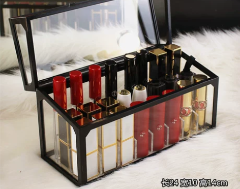 网红玻璃口红收纳盒防尘防水桌面透明化妆品整理架ins唇釉展示...