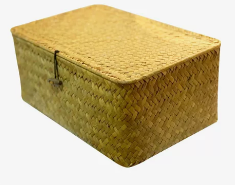 全新海草收纳盒编日式收纳盒手工编织篮带盖收...
