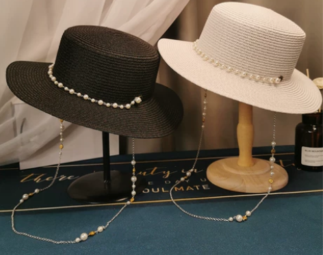 法式复古珍珠链条平顶草帽优雅草编遮阳防晒大...