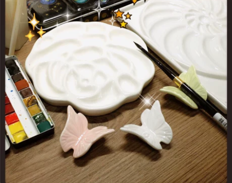 白瓷玫瑰海螺蝴蝶水彩国画用陶瓷调色盘 有1...