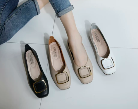 新款软底女春夏皮鞋单鞋舒适百搭平底防滑方扣...