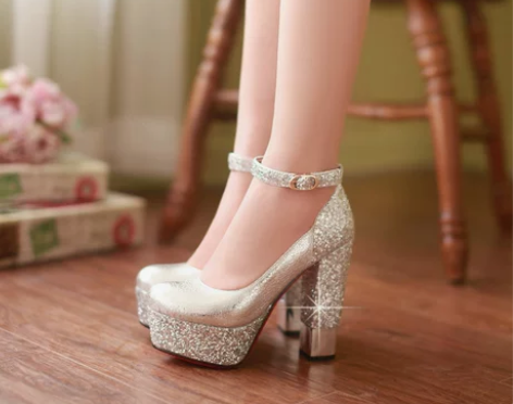 秋银色婚纱鞋金色新娘鞋粗跟13cm高跟单鞋...
