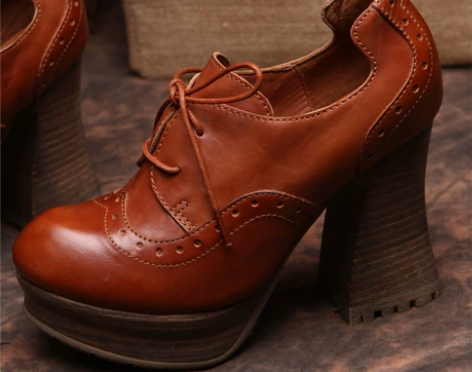 阿卡莫伊原创手工复古全皮粗高跟单鞋厚底防水...