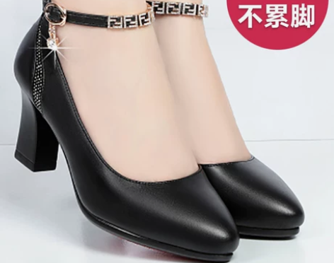 粗跟单鞋夏季一字扣带跳舞鞋黑妈妈单鞋女鞋软...