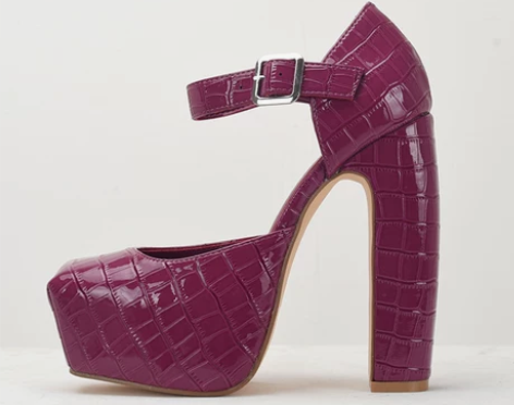 紫红超高异形跟内防水台漆皮侧空外贸美国原单...