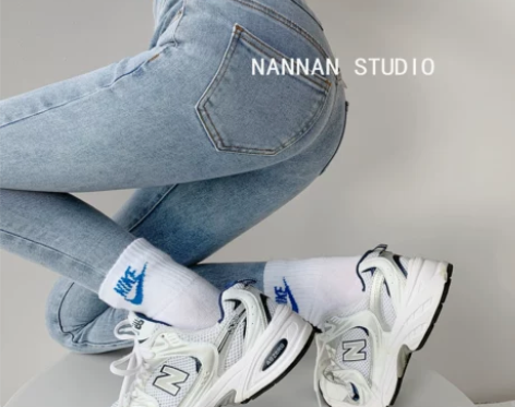 欧美风超高腰单排扣牛仔裤女春秋紧身显瘦小脚...