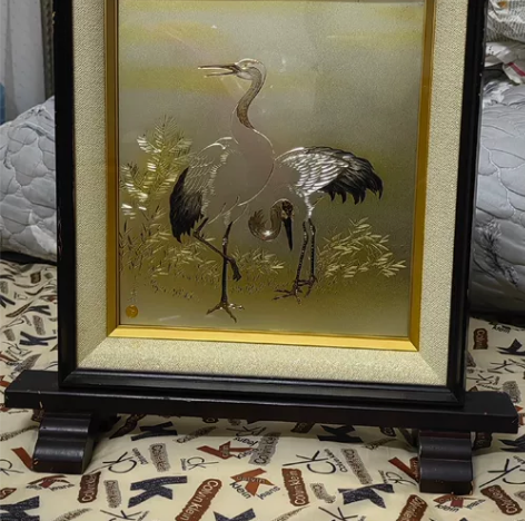 日本老木框雕金额，光亭作雕金工艺画，铜板画...