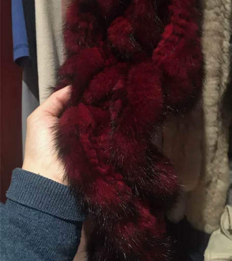 貂毛围巾-酒红 蓬松真貂毛，木耳边，长83...