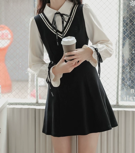 a字裙长袖两件连衣裙假衬衫小个子显瘦黑色