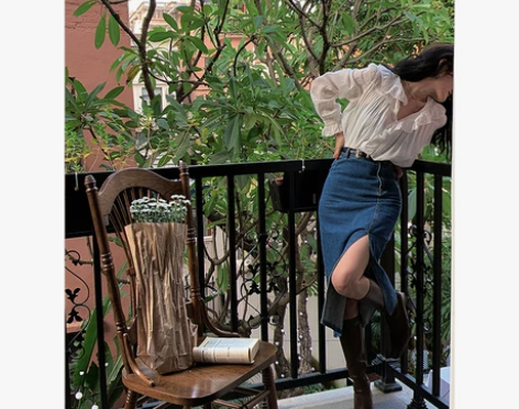 午后商店◆高腰开叉牛仔半身裙女夏季港风复古...