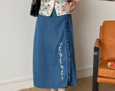 花田橱窗 刺绣牛仔半身裙女夏a字港风复古双...