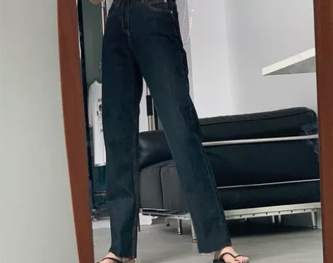 EALA2022年秋季新款撕边高腰直筒牛仔...