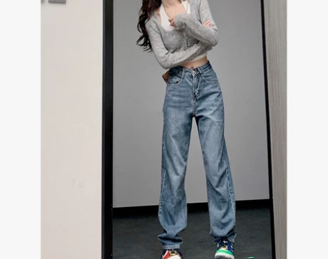 蓝色牛仔裤女秋冬新款高腰显瘦垂感泫雅直筒宽...
