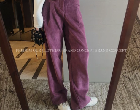 一勺甜 灰色复古灯芯绒裤子女秋冬高腰阔腿显...