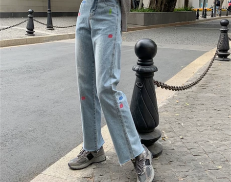 高腰开叉牛仔裤女个性刺绣春装2021新款宽...