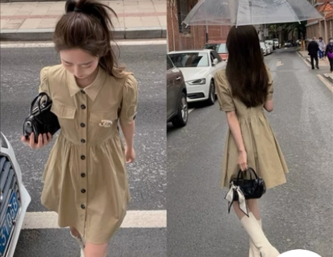 肉完工装收腰衬衫连衣裙女夏2022新款小个...